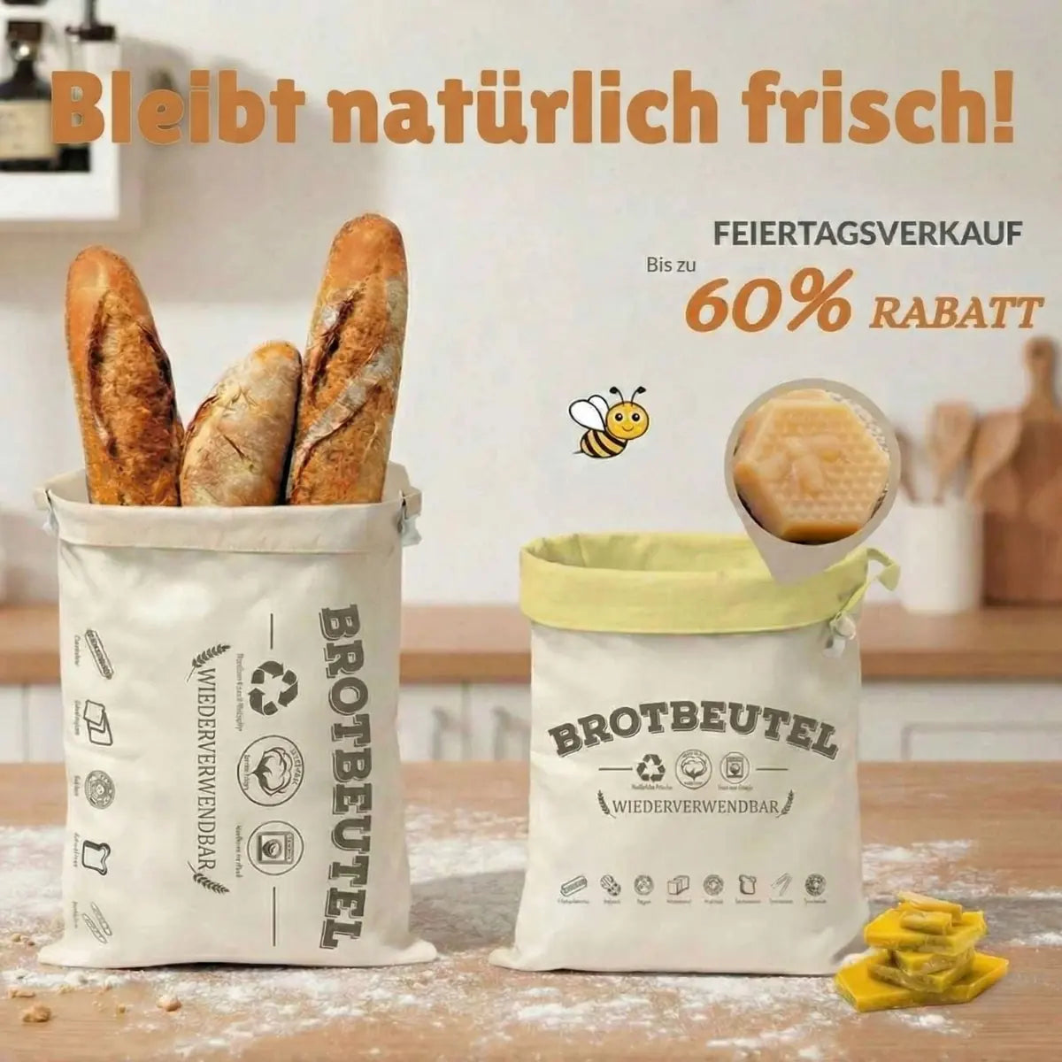 Brotbeutel aus Baumwolle und Bienenwachs